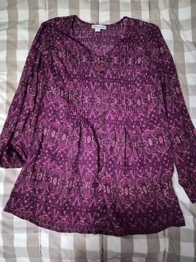 Size Med Coldwater Creek Purple Magenta Patterned Sheer Long Sleeve Blouse Top